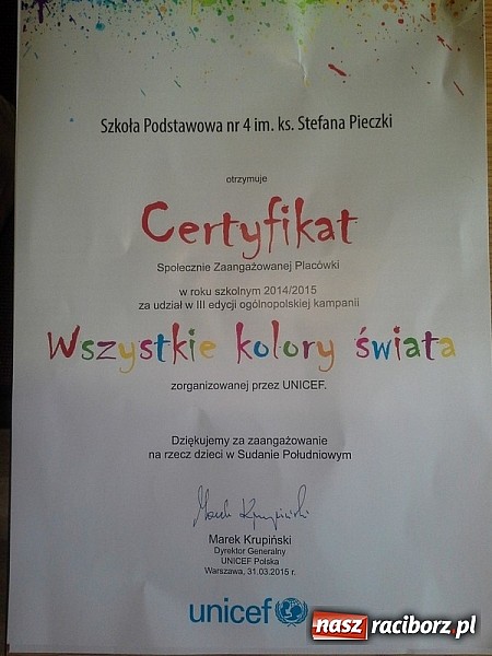 Zdjęcie w galerii na portalu naszraciborz.pl: Szkoła Podstawowa nr 4 z certyfikatem UNICEF wiadomości z regionu