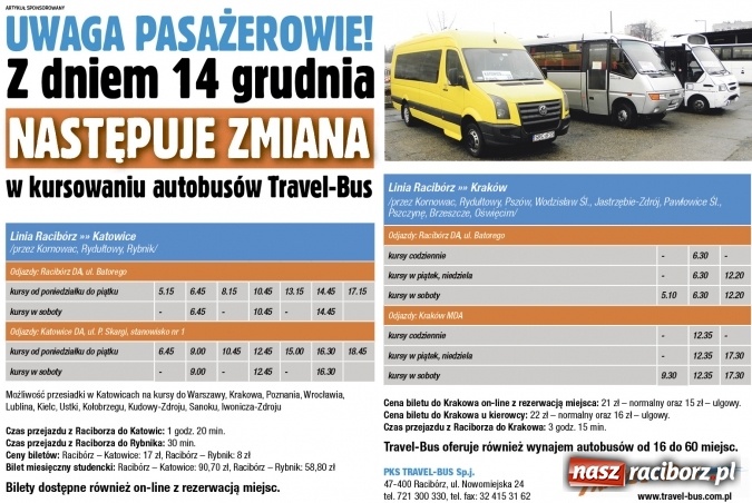 Zdjęcie w galerii na portalu naszraciborz.pl: Uwaga Pasażerowie! Zmiana rozkładu jazdy autobusów Travel-Bus wiadomości z regionu