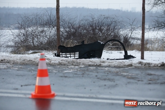 Zdjęcie w galerii na portalu naszraciborz.pl: Fatalne warunki na drogach. W Brzeziu nissan uderzył w słup  wiadomości z regionu