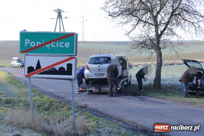 Zdjęcie w galerii na portalu naszraciborz.pl: Szklanka na jezdni i jedyne drzewo przy drodze - rozbita toyota w Ponięcicach wiadomości z regionu