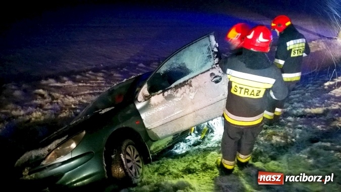 Zdjęcie w galerii na portalu naszraciborz.pl: Fatalne warunki na drogach. Peugeot w rowie na DW 416 wiadomości z regionu