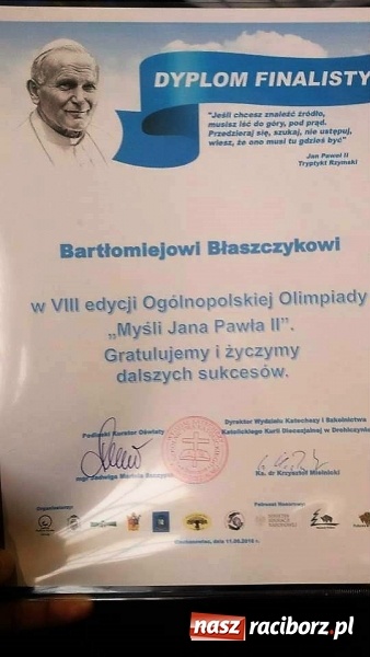 Zdjęcie w galerii na portalu naszraciborz.pl: Uczeń Gimnazjum nr 3 finalistą Olimpiady Myśli Jana Pawła II wiadomości z regionu