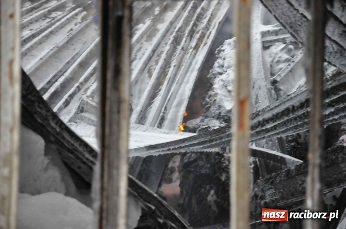 Zdjęcie w galerii na portalu naszraciborz.pl: Pożar hali przy ul. Zakładowej w Brzeziu wciąż szaleje. Przed 20.00 do akcji wszedł ciężki sprzęt do burzenia murów. Tylko u nas FOTO i WIDEO wiadomości z regionu