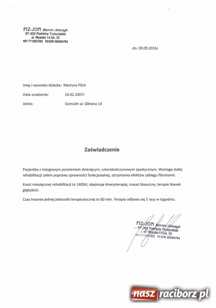 Zdjęcie w galerii na portalu naszraciborz.pl: Przekaż 1% Martynce Pilch  wiadomości z regionu