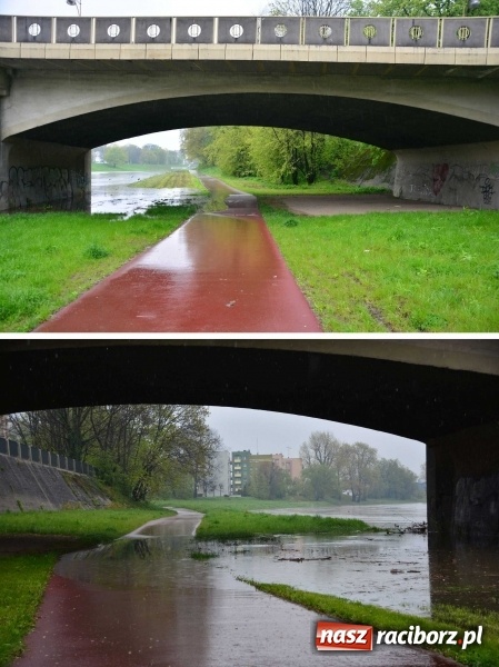 Zdjęcie w galerii na portalu naszraciborz.pl: Woda szybko przybiera. Zalewa ścieżkę rowerową pod Mostem Zamkowym. Konieczne było udrożnienie śluzy przy Rafako wiadomości z regionu
