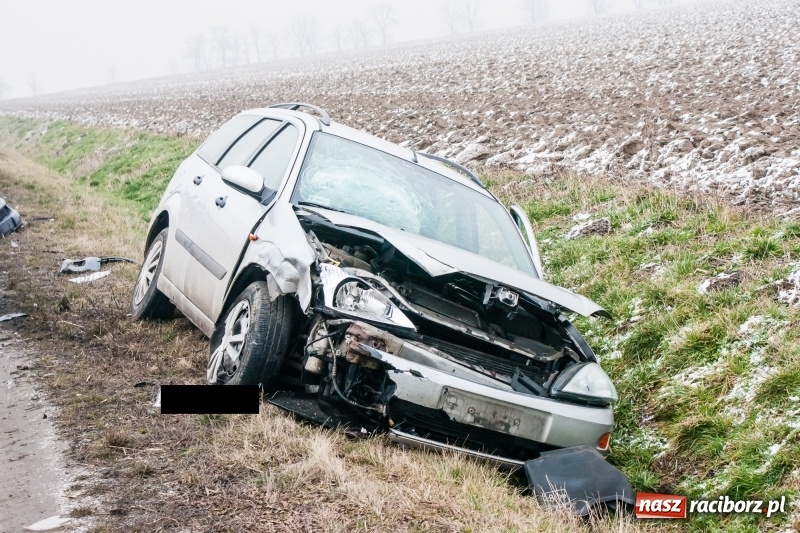 Zdjęcie w galerii na portalu naszraciborz.pl: Zderzenie opla i forda na trasie Racibórz-Pietraszyn. Jedno auto w rowie wiadomości z regionu