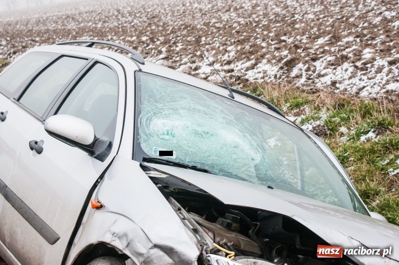 Zdjęcie w galerii na portalu naszraciborz.pl: Zderzenie opla i forda na trasie Racibórz-Pietraszyn. Jedno auto w rowie wiadomości z regionu