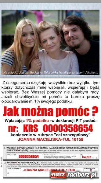 Zdjęcie w galerii na portalu naszraciborz.pl: Przekaż 1 procent podatku na leczenie Joanny Maciejskiej-Tul wiadomości z regionu