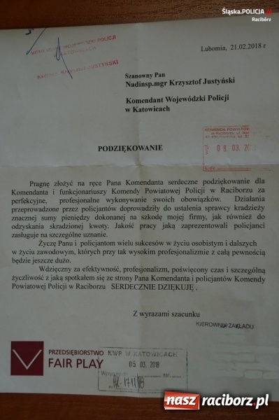 Zdjęcie w galerii na portalu naszraciborz.pl: Firma z Lubomi podziękowała raciborskiej policji za odzyskanie pieniędzy  wiadomości z regionu
