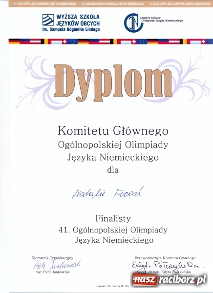 Zdjęcie w galerii na portalu naszraciborz.pl: Natalia Ficoń z I LO - finalistką Olimpiady z Języka Niemieckiego  wiadomości z regionu