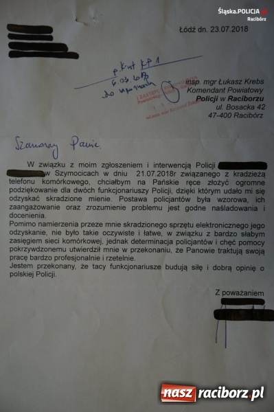 Zdjęcie w galerii na portalu naszraciborz.pl: Podziękowanie dla stróżów prawa z Kuźni Raciborskiej od mieszkańca Łodzi wiadomości z regionu