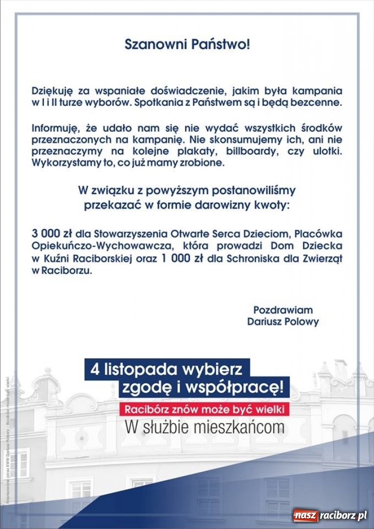 Zdjęcie w galerii na portalu naszraciborz.pl: Charytatywny finisz kampanii Dariusza Polowego  wiadomości z regionu