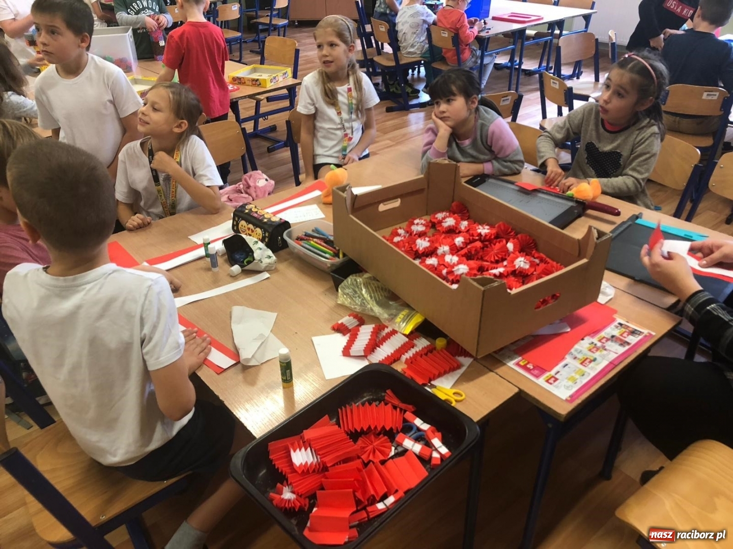 Zdjęcie w galerii na portalu naszraciborz.pl: Uczniowie SP 15 rozdają biało-czerwone kotyliony na Święto Niepodległości  wiadomości z regionu