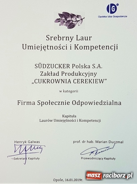Zdjęcie w galerii na portalu naszraciborz.pl: Cukrownia Cerekiew nagrodzona Srebrnym Laurem Umiejętności i Kompetencji wiadomości z regionu