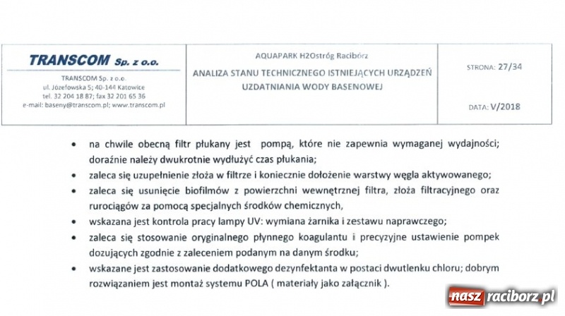 Zdjęcie w galerii na portalu naszraciborz.pl: NIE JEST DOBRZE! Dotarliśmy do raportu o filtrach w H2Ostróg  wiadomości z regionu