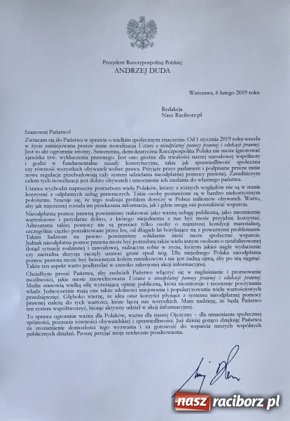 Zdjęcie w galerii na portalu naszraciborz.pl: W naszej skrzynce pocztowej był list od Prezydenta Andrzeja Dudy  wiadomości z regionu