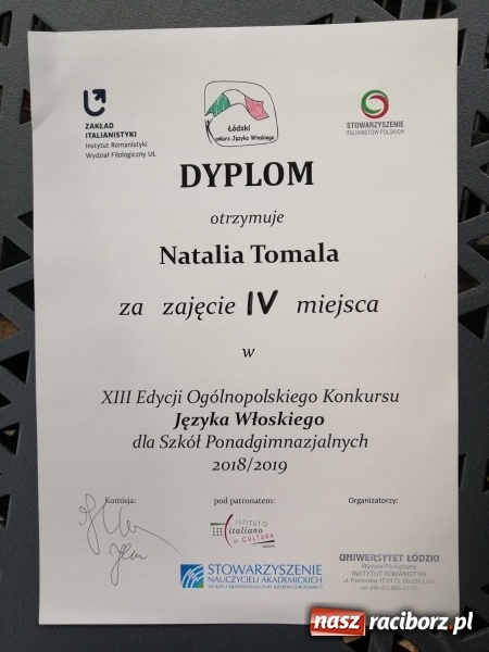 Zdjęcie w galerii na portalu naszraciborz.pl: Natalia Tomala laureatką XIII Ogólnopolskiego Konkursu Języka Włoskiego wiadomości z regionu