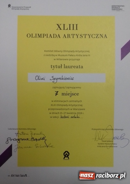 Zdjęcie w galerii na portalu naszraciborz.pl: Oliwia Szymkiewicz laureatką Ogólnopolskiej Olimpiady z Historii Sztuki wiadomości z regionu