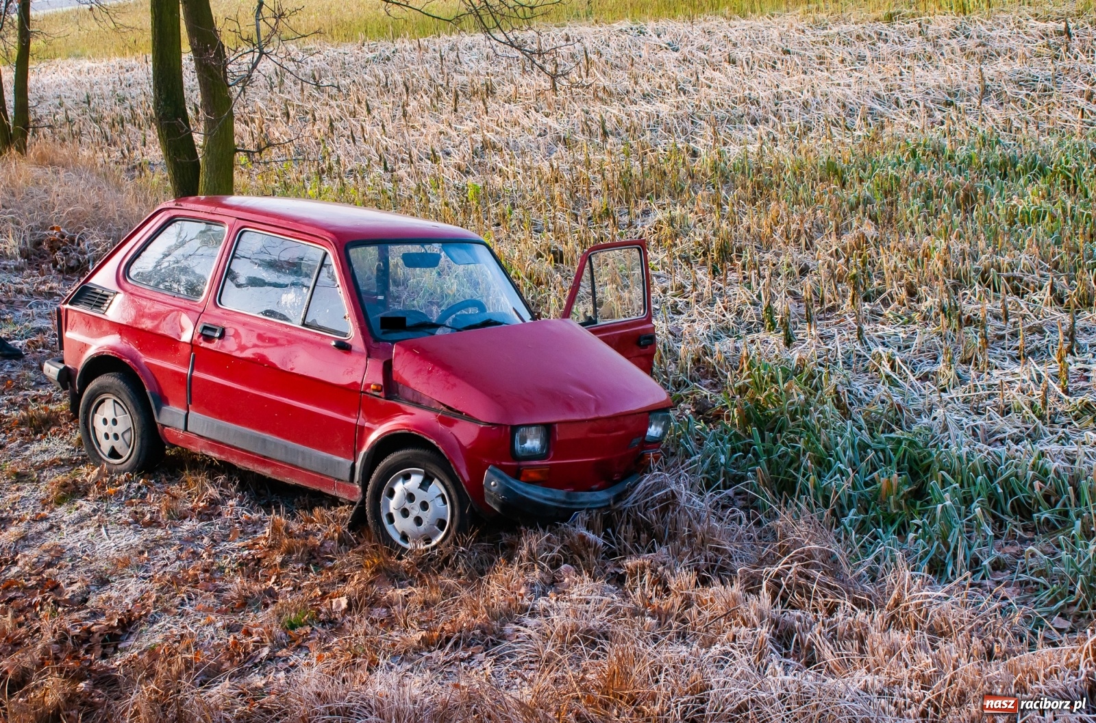 Zdjęcie w galerii na portalu naszraciborz.pl: Maluch wypadł z drogi Racibórz-Zawada Książęca [FOTO] wiadomości z regionu