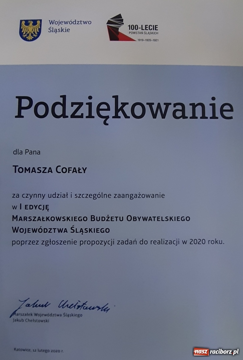 Zdjęcie w galerii na portalu naszraciborz.pl: Wręczono podziękowania dla wnioskodawców w I edycji budżetu obywatelskiego wiadomości z regionu