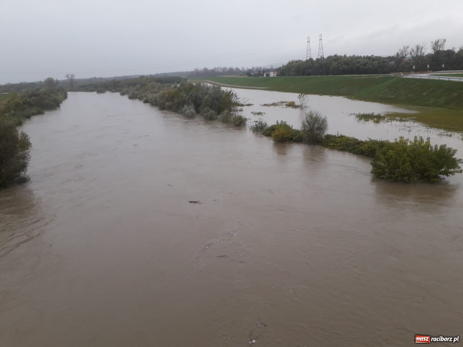 Zdjęcie w galerii na portalu naszraciborz.pl: W gminie Krzyżanowice groźna sytuacja na Bełku. Na Łapaczu układają zaporę z worków wiadomości z regionu
