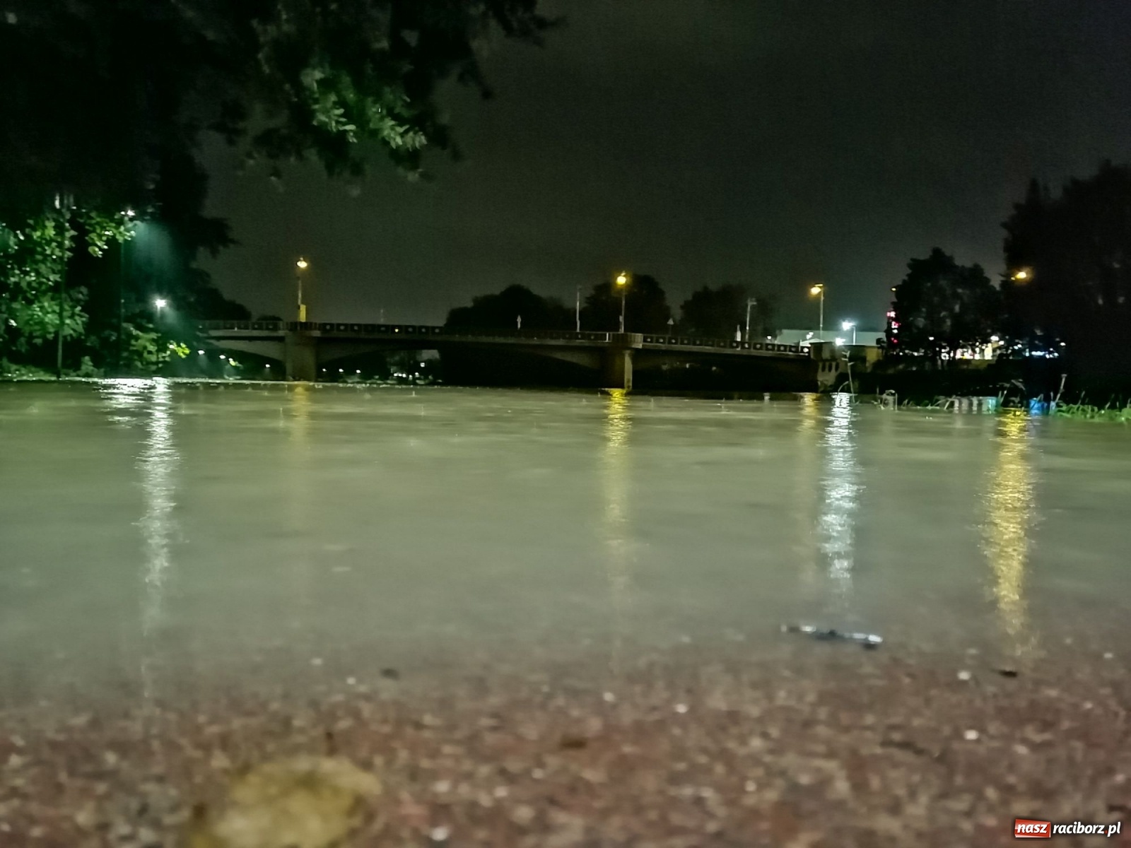 Zdjęcie w galerii na portalu naszraciborz.pl: Wezbranie na Odrze miejskiej w Raciborzu nocą [14.10.2020]  wiadomości z regionu
