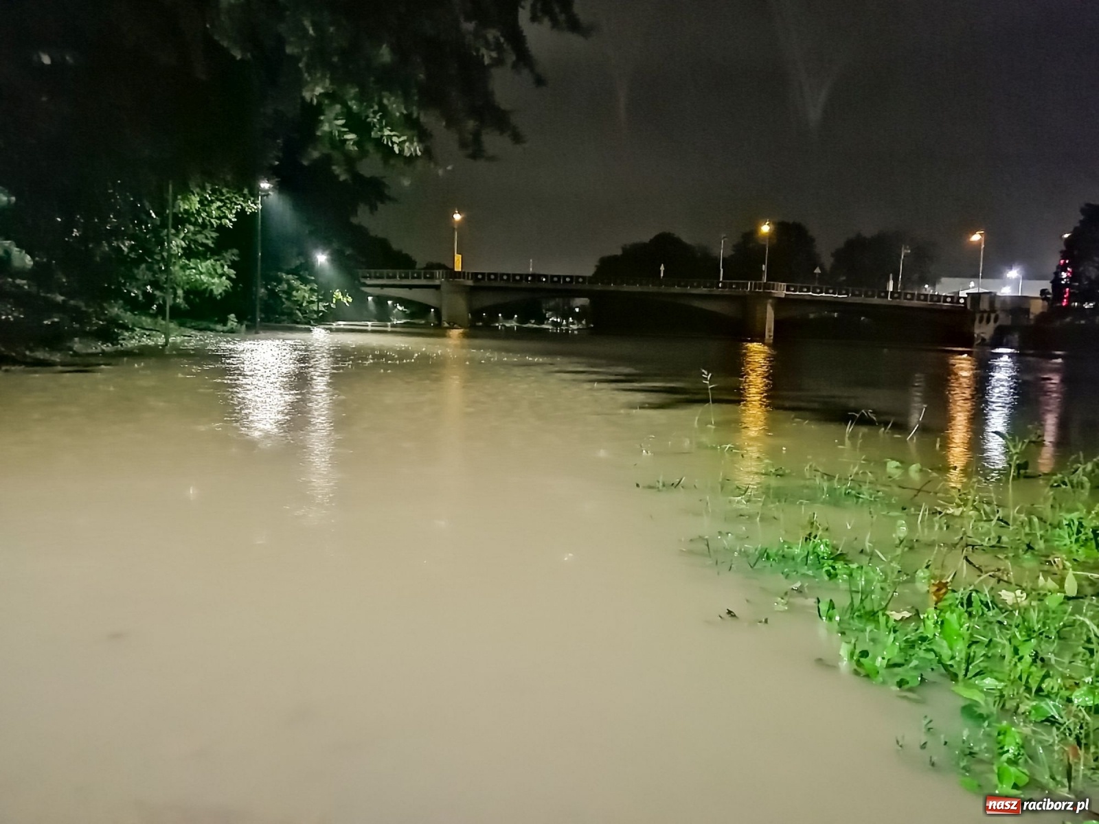Zdjęcie w galerii na portalu naszraciborz.pl: Wezbranie na Odrze miejskiej w Raciborzu nocą [14.10.2020]  wiadomości z regionu