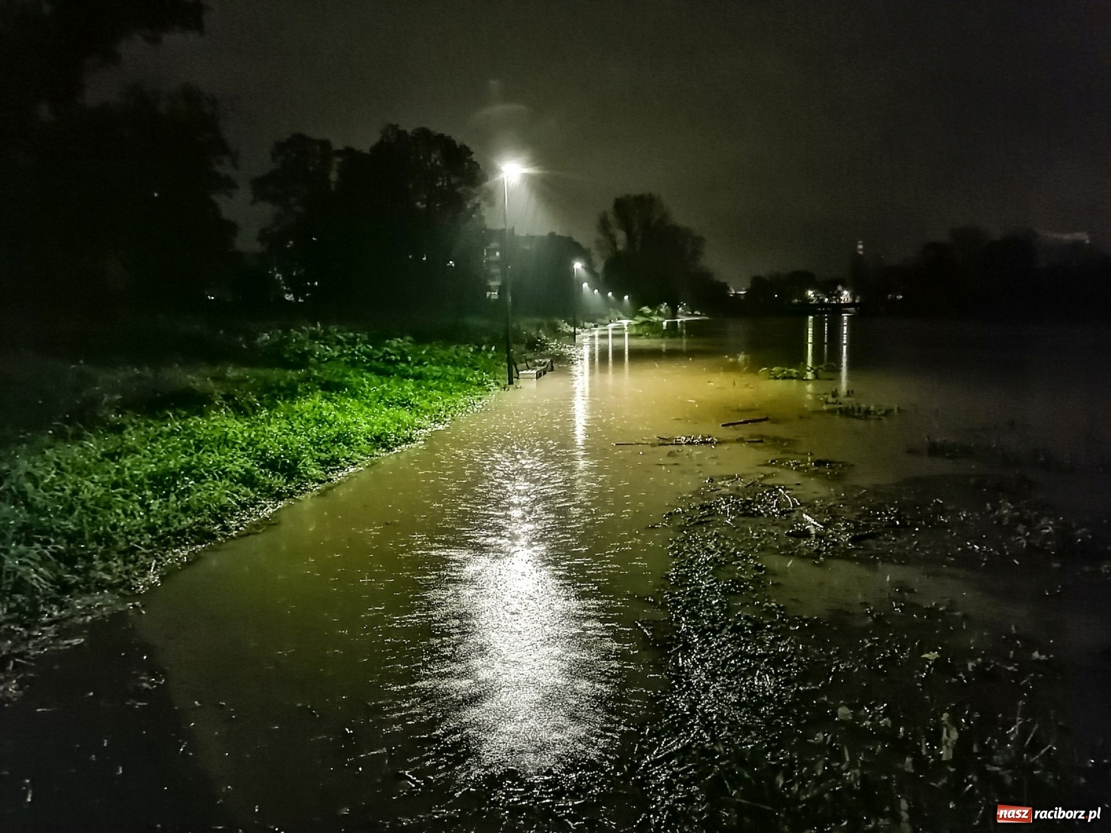 Zdjęcie w galerii na portalu naszraciborz.pl: Wezbranie na Odrze miejskiej w Raciborzu nocą [14.10.2020]  wiadomości z regionu
