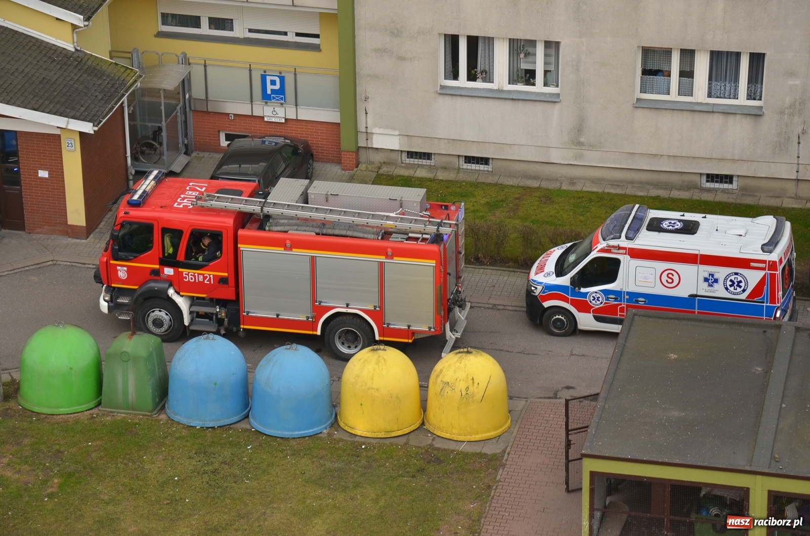 Zdjęcie w galerii na portalu naszraciborz.pl: Strażacka akcja na Katowickiej. Ptak uwięziony w elewacji w Sudole wiadomości z regionu