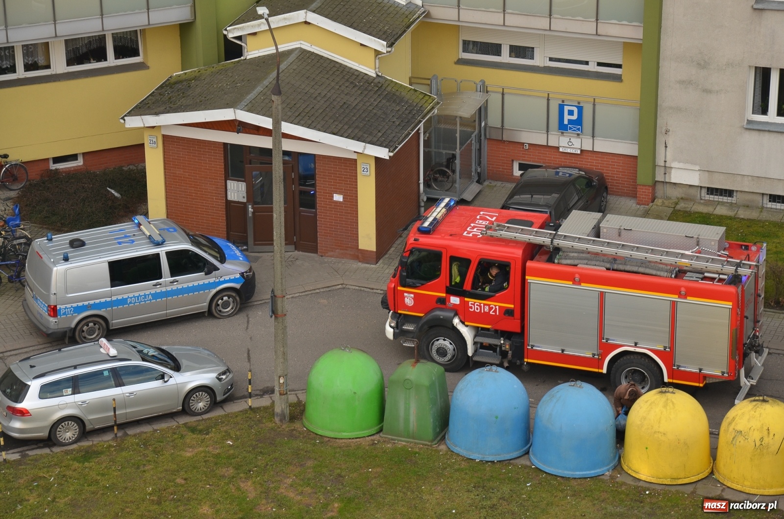 Zdjęcie w galerii na portalu naszraciborz.pl: Strażacka akcja na Katowickiej. Ptak uwięziony w elewacji w Sudole wiadomości z regionu