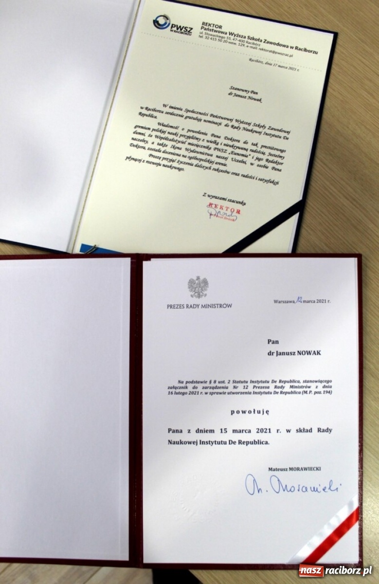 Zdjęcie w galerii na portalu naszraciborz.pl: Dr Janusz Nowak z PWSZ Racibórz powołany do Rady Naukowej Instytutu De Republica wiadomości z regionu