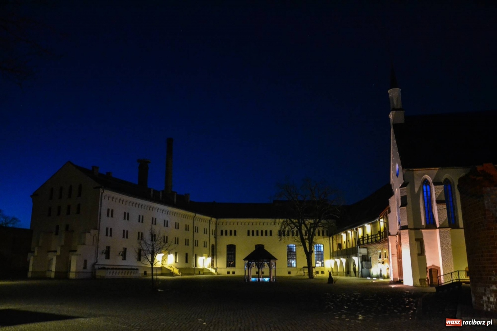 Zdjęcie w galerii na portalu naszraciborz.pl: Zamek Piastowski podświetlony na niebiesko wiadomości z regionu