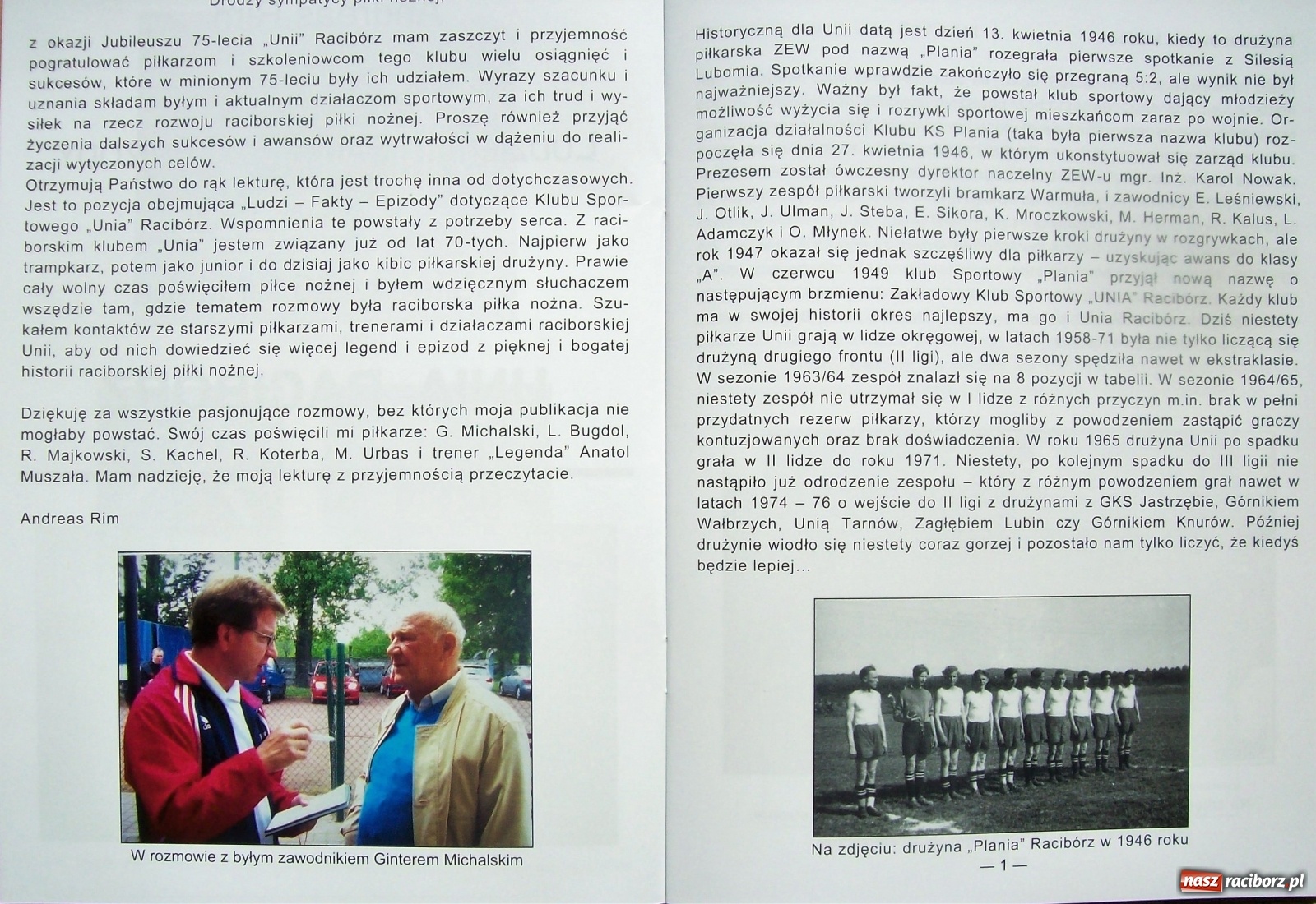 Zdjęcie w galerii na portalu naszraciborz.pl: Ukazała się publikacja z okazji 75. urodzin Unii Racibórz wiadomości z regionu