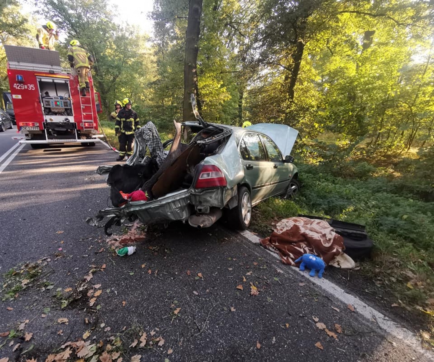 Zdjęcie w galerii na portalu naszraciborz.pl: DK 45 Racibórz-Opole. Zderzenie osobówki z ciężarówką w lasku raciborskim  wiadomości z regionu
