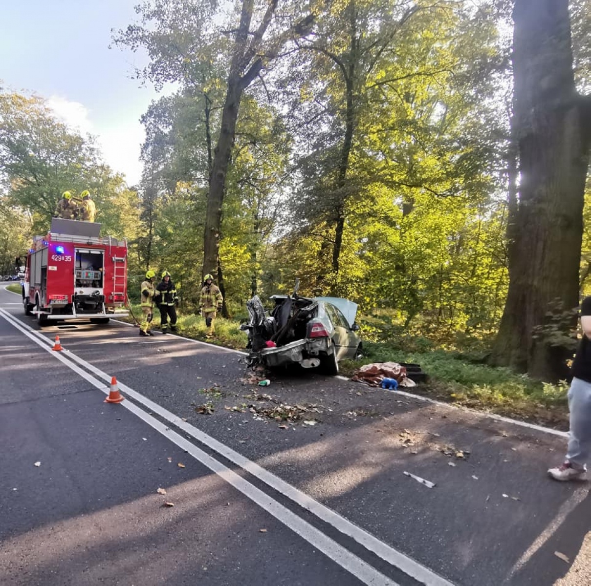 Zdjęcie w galerii na portalu naszraciborz.pl: DK 45 Racibórz-Opole. Zderzenie osobówki z ciężarówką w lasku raciborskim  wiadomości z regionu