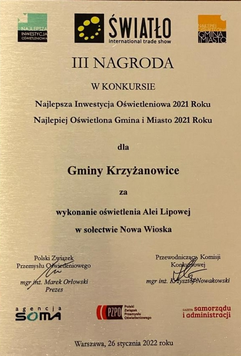 Zdjęcie w galerii na portalu naszraciborz.pl: Gmina Krzyżanowice z nagrodami w konkursie na najlepsze inwestycje dot. oświetlenia wiadomości z regionu