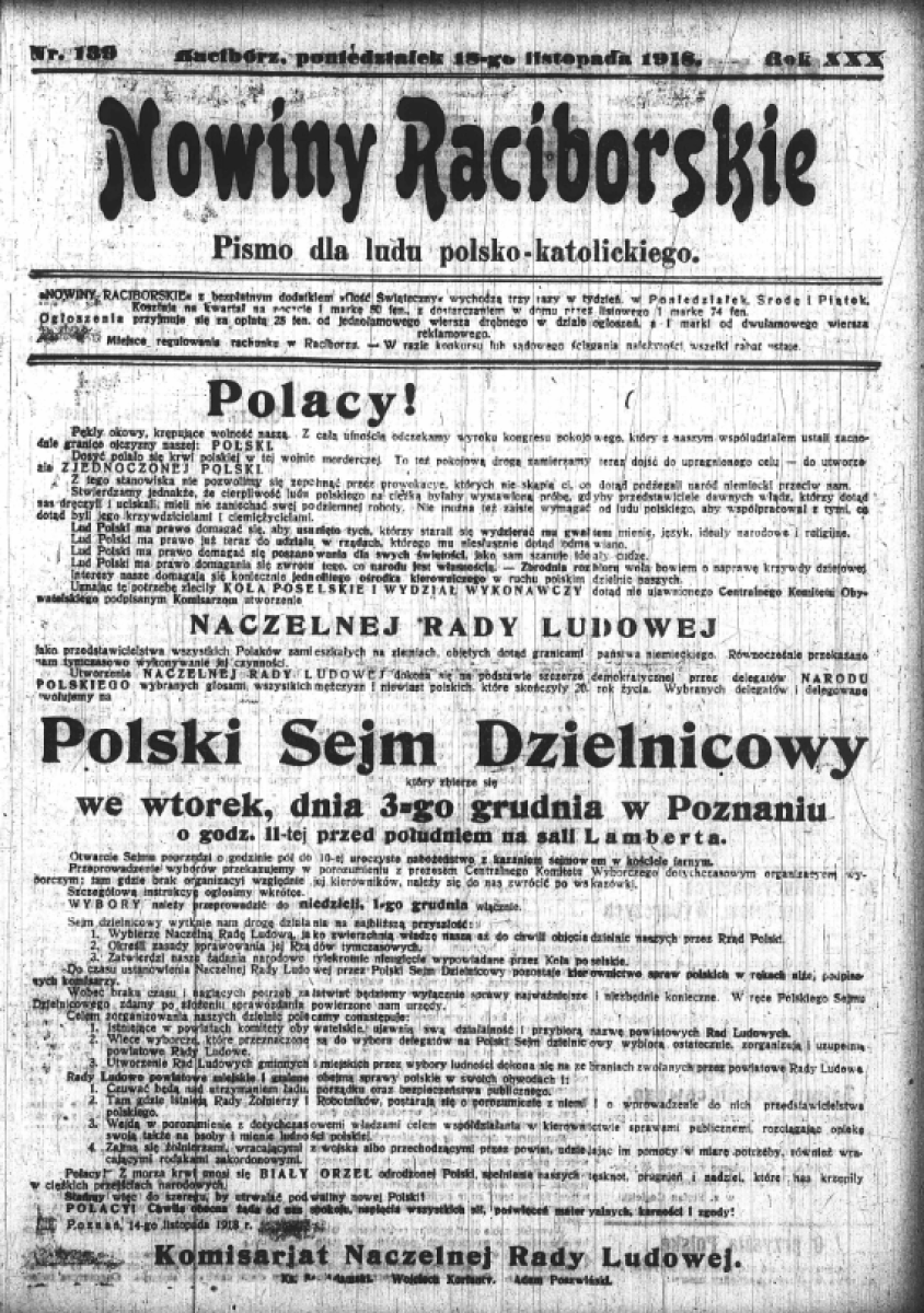 Zdjęcie w galerii na portalu naszraciborz.pl: Pękły okowy krępujące wolność naszą… Na 11 listopada Biblioteka poleca archiwalne numery Nowin Raciborskich wiadomości z regionu