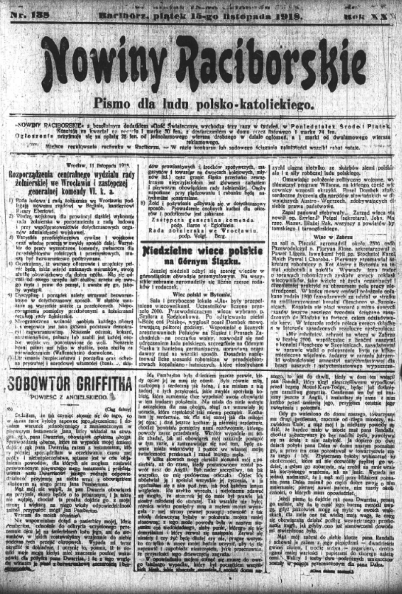 Zdjęcie w galerii na portalu naszraciborz.pl: Pękły okowy krępujące wolność naszą… Na 11 listopada Biblioteka poleca archiwalne numery Nowin Raciborskich wiadomości z regionu