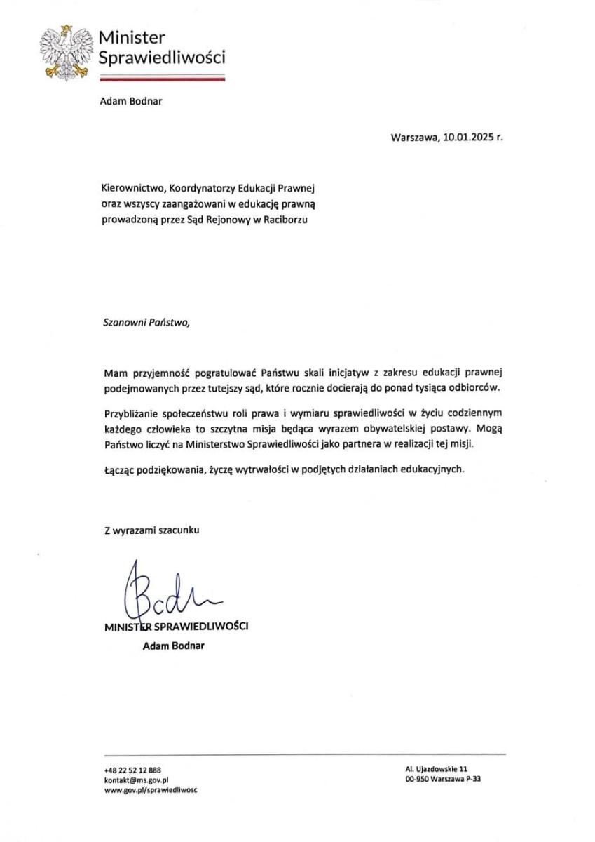 Zdjęcie w galerii na portalu naszraciborz.pl: Ministerstwo Sprawiedliwości wspiera edukację prawną w sądach. Raciborski sąd wyróżniony wiadomości z regionu