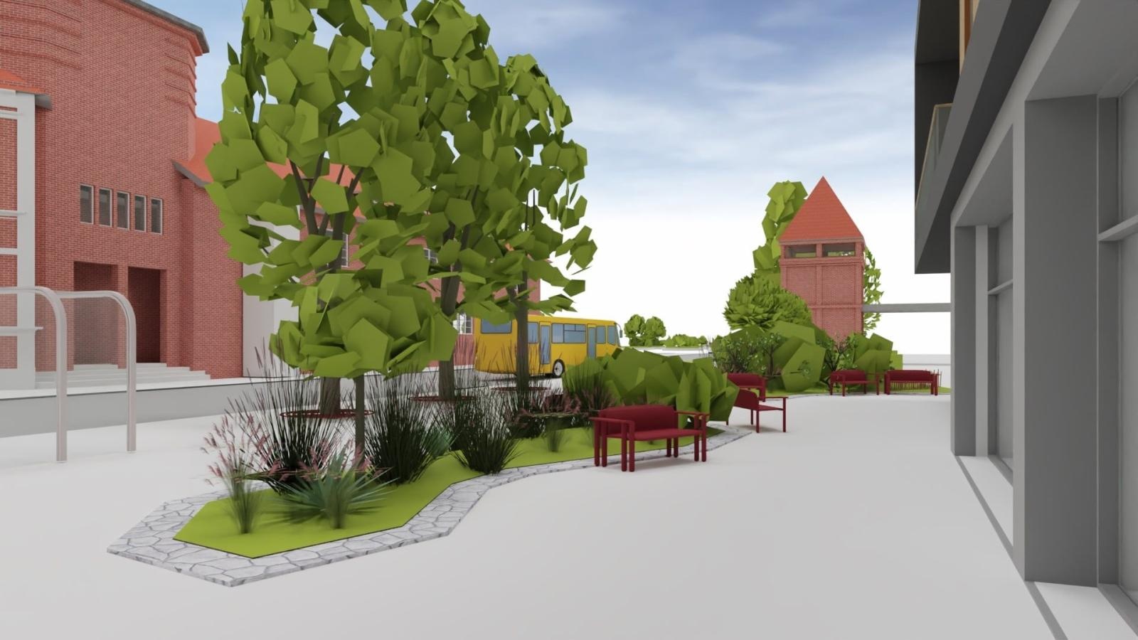 Zdjęcie w galerii na portalu naszraciborz.pl: Donice i drzewa przed dworcem PKP w Raciborzu. Radny pokazuje jak miało być i pyta o koszty wiadomości z regionu