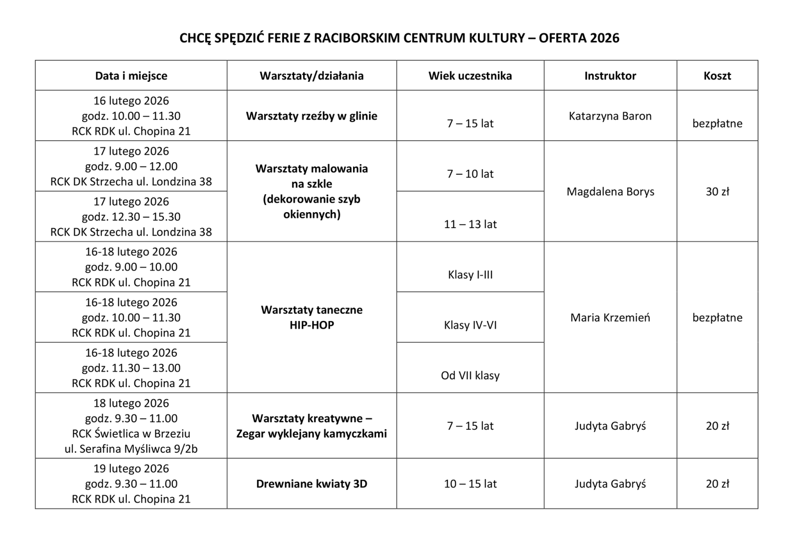 Zdjęcie w galerii na portalu naszraciborz.pl: Ferie 2026 z Raciborskim Centrum Kultury – zajęcia dla dzieci i młodzieży wiadomości z regionu