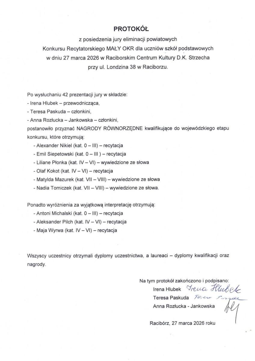 Zdjęcie w galerii na portalu naszraciborz.pl: Powiatowe eliminacje Konkursu Recytatorskiego MAŁY OKR 2026 w Raciborzu wiadomości z regionu