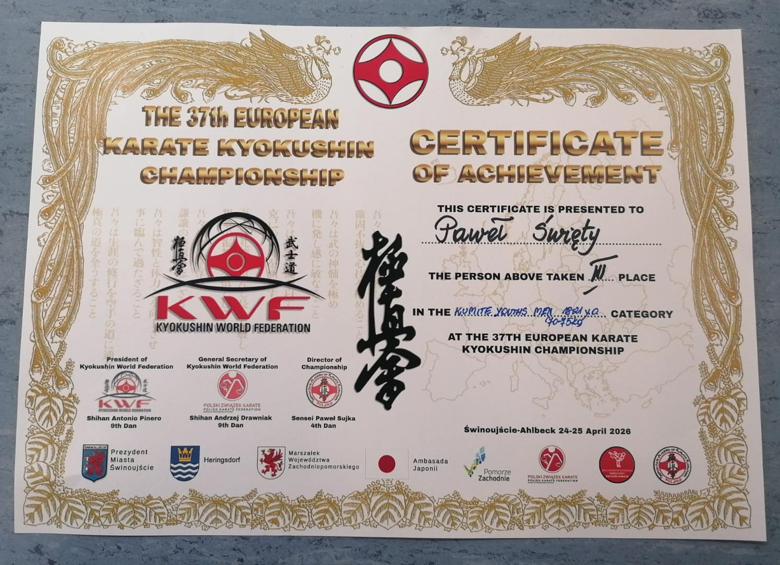 Zdjęcie w galerii na portalu naszraciborz.pl: Brązowy medal Pawła Świętego na Mistrzostwach Europy Karate Kyokushin wiadomości z regionu