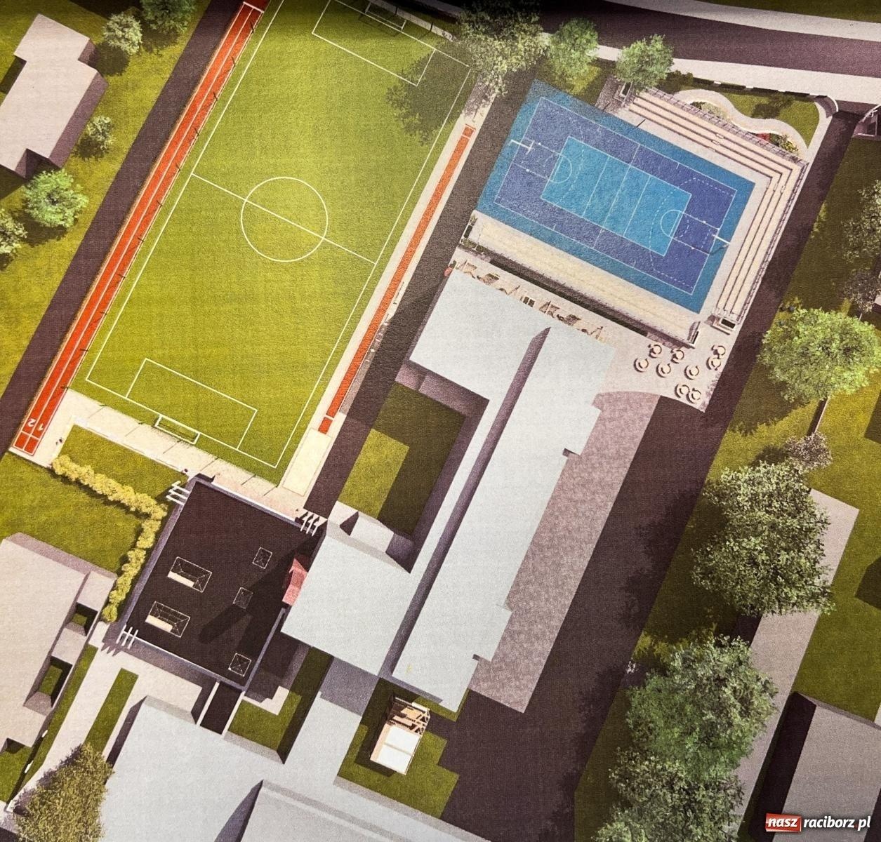 Zdjęcie w galerii na portalu naszraciborz.pl: Teren wokół II LO to dziś plac budowy. Powstaje nowoczesna infrastruktura sportowa wiadomości z regionu