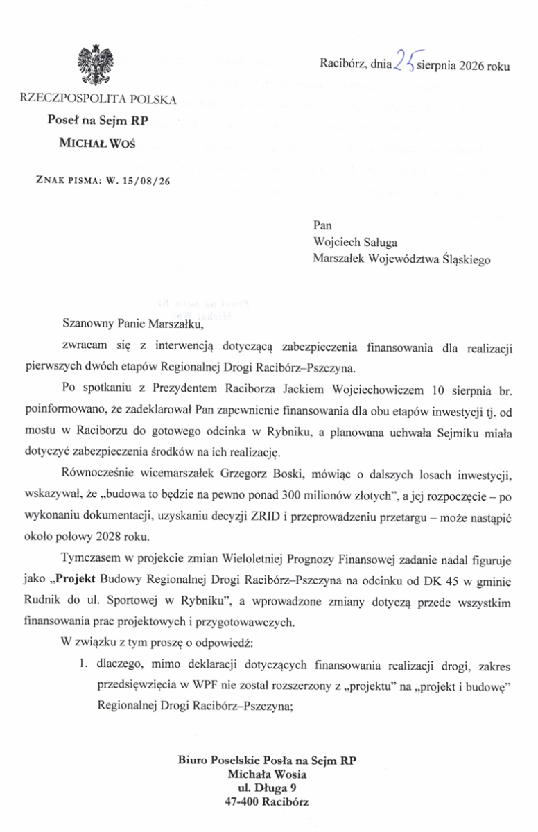 Zdjęcie w galerii na portalu naszraciborz.pl: Jaka jest prawda w sprawie finansowania drogi Racibórz-Pszczyna? Poseł Woś interweniuje u śląskiego marszałka wiadomości z regionu