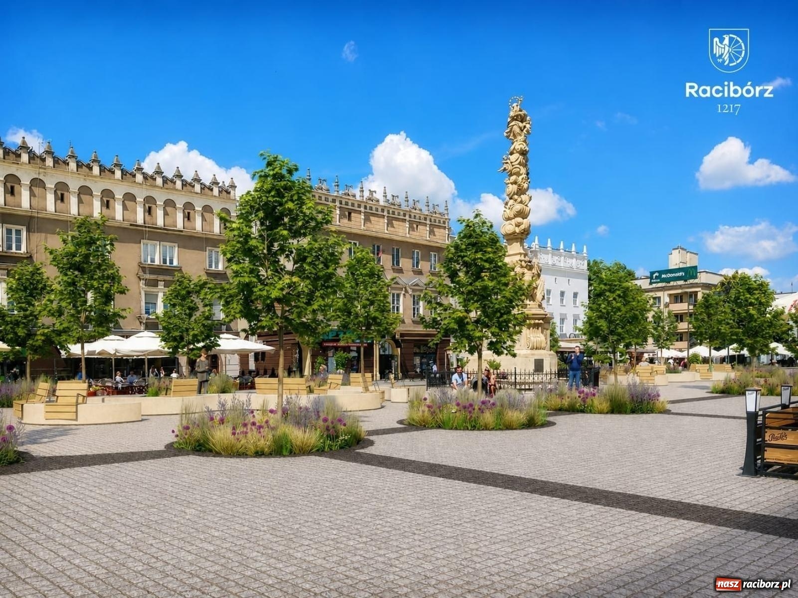 Zdjęcie w galerii na portalu naszraciborz.pl: Na Rynku trwa montaż siedzisk przy kolumnie maryjnej wiadomości z regionu