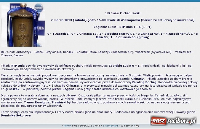 Zdjęcie w galerii na portalu naszraciborz.pl: Unitki rozgromiły Zagłębie Lubin wiadomości z regionu