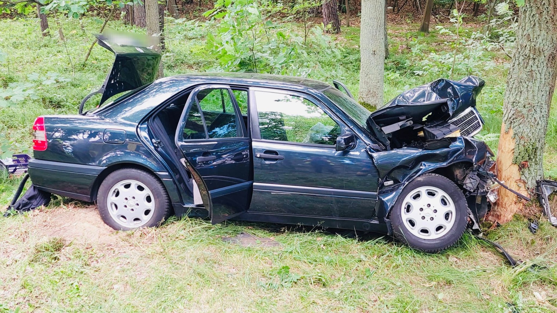 DW 919. Mercedes zjechał do rowu i uderzył w drzewo