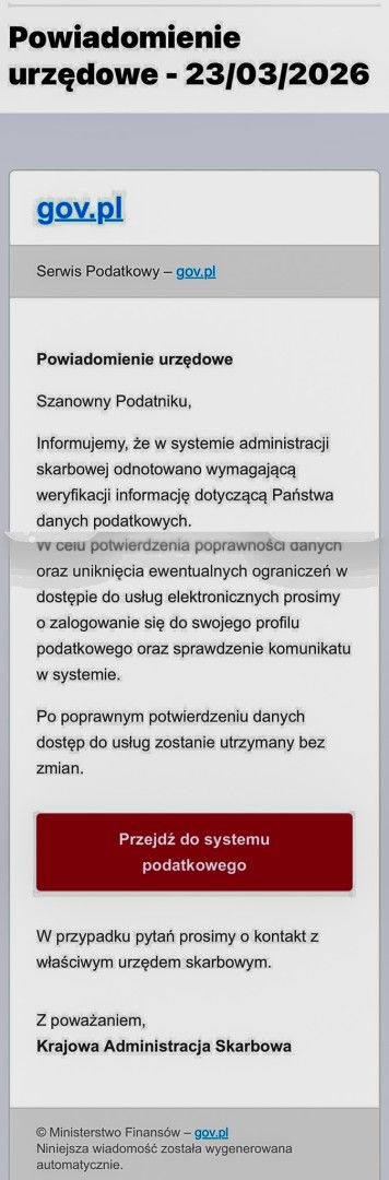 UWAGA: Oszuści podszywają się pod KAS i żądają potwierdzenia danych podatkowych