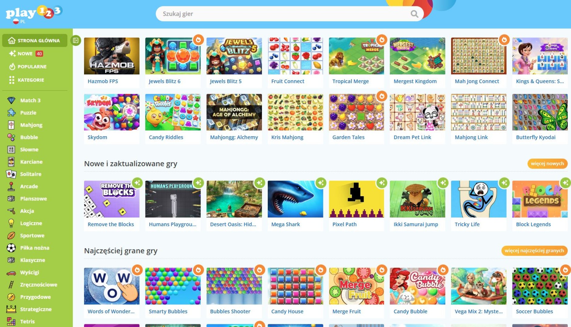 Gry online na Play123.pl z Mahjongiem, łamigłówkami i klasycznymi grami przeglądarkowymi